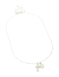 Crafted from waterproof stainless steel necklace with mary charm, cross, and balls in silver featuring statement styling front view - link has visual effect only