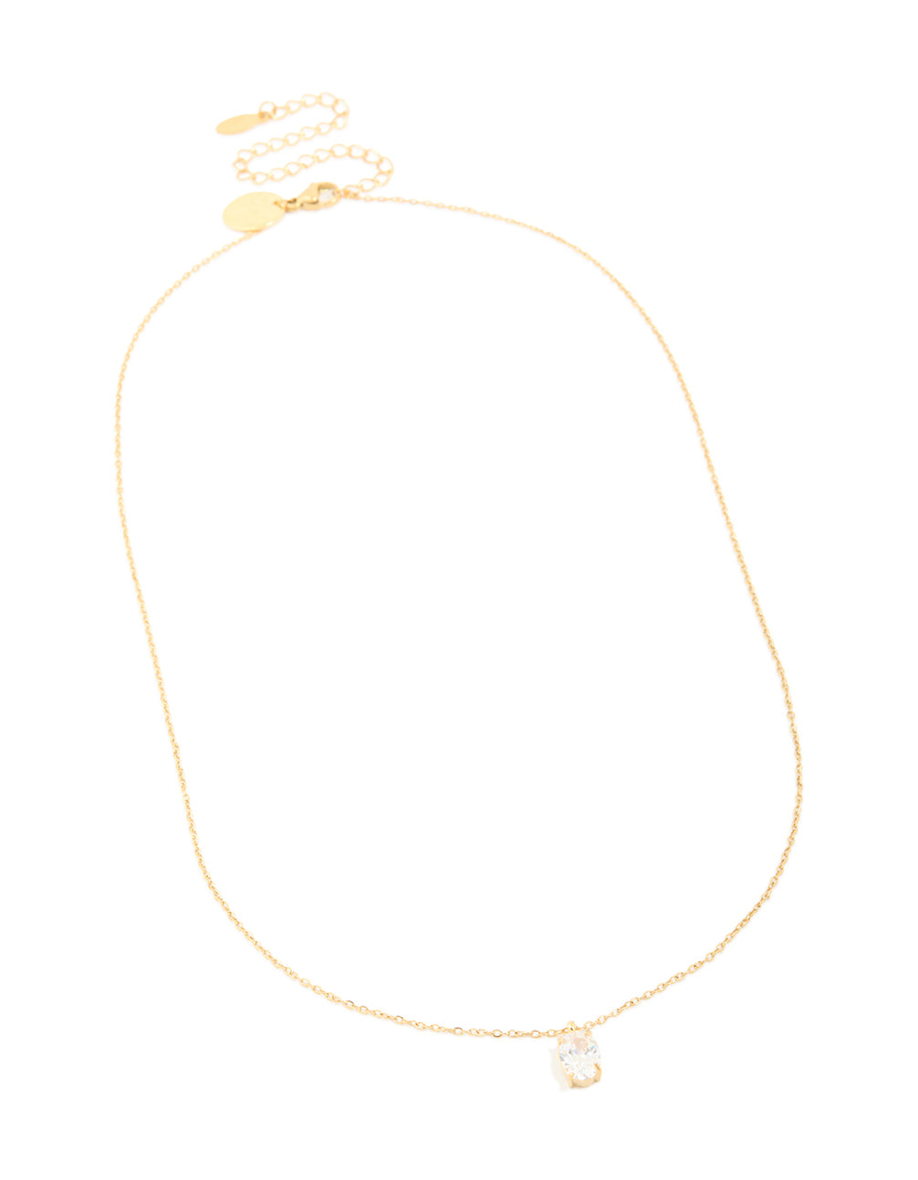 Experience this waterproof gold plated stainless steel oval cubic zirconia pendant necklace front view