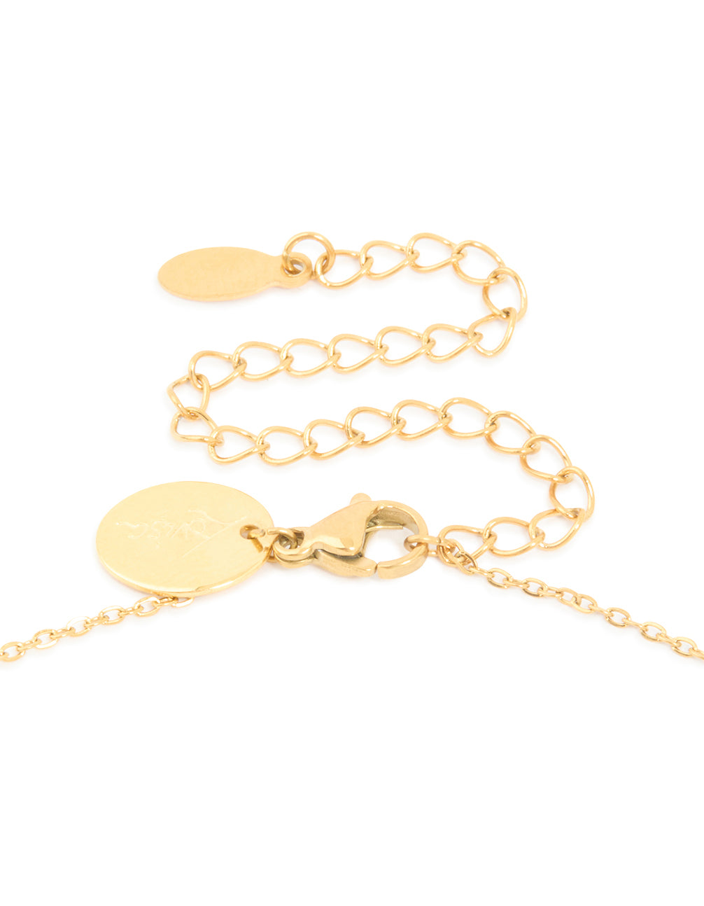 Discover the waterproof gold plated stainless steel oval cubic zirconia pendant necklace clasp detail view