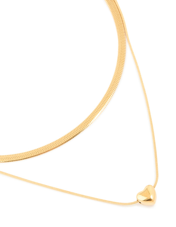 Waterproof Gold Plated Stainless Steel Snake Chain & Heart Pendant Layered Necklace