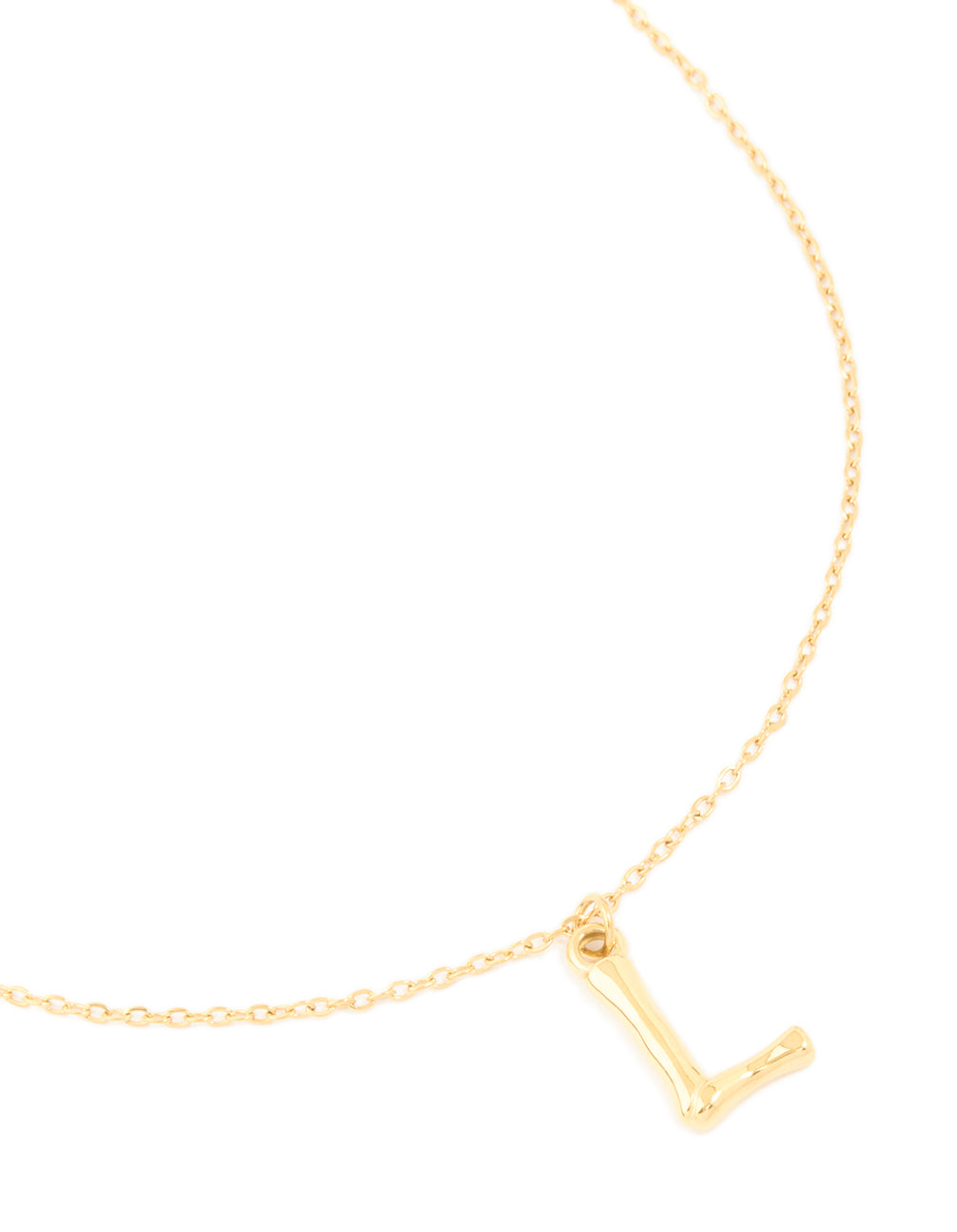 Showcasing a waterproof bamboo letter L pendant necklace crafted from gold plated stainless steel with initial design front view