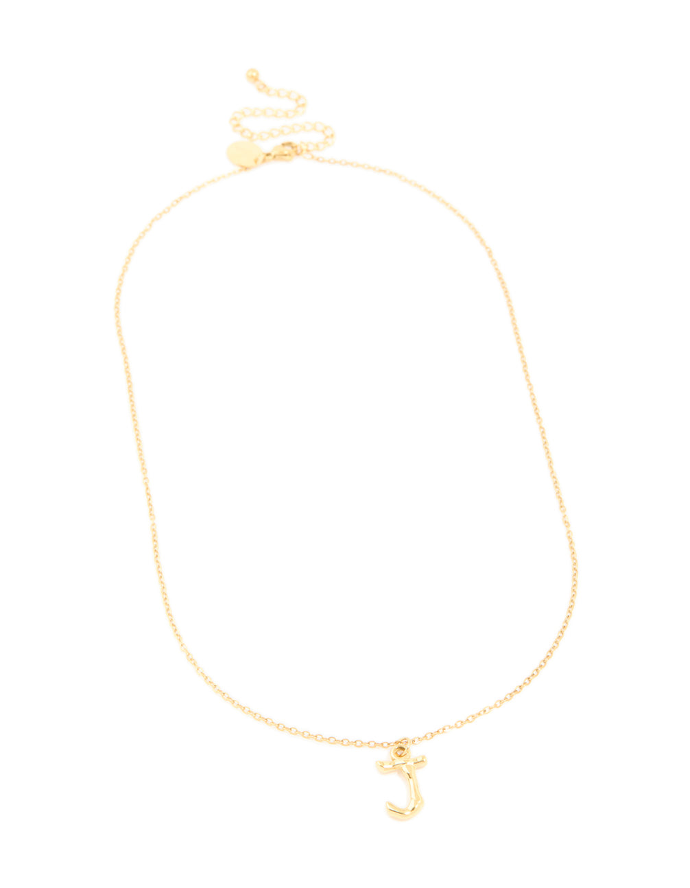 Featuring a waterproof letter J necklace with initial pendant in bamboo style, gold plated stainless steel front view