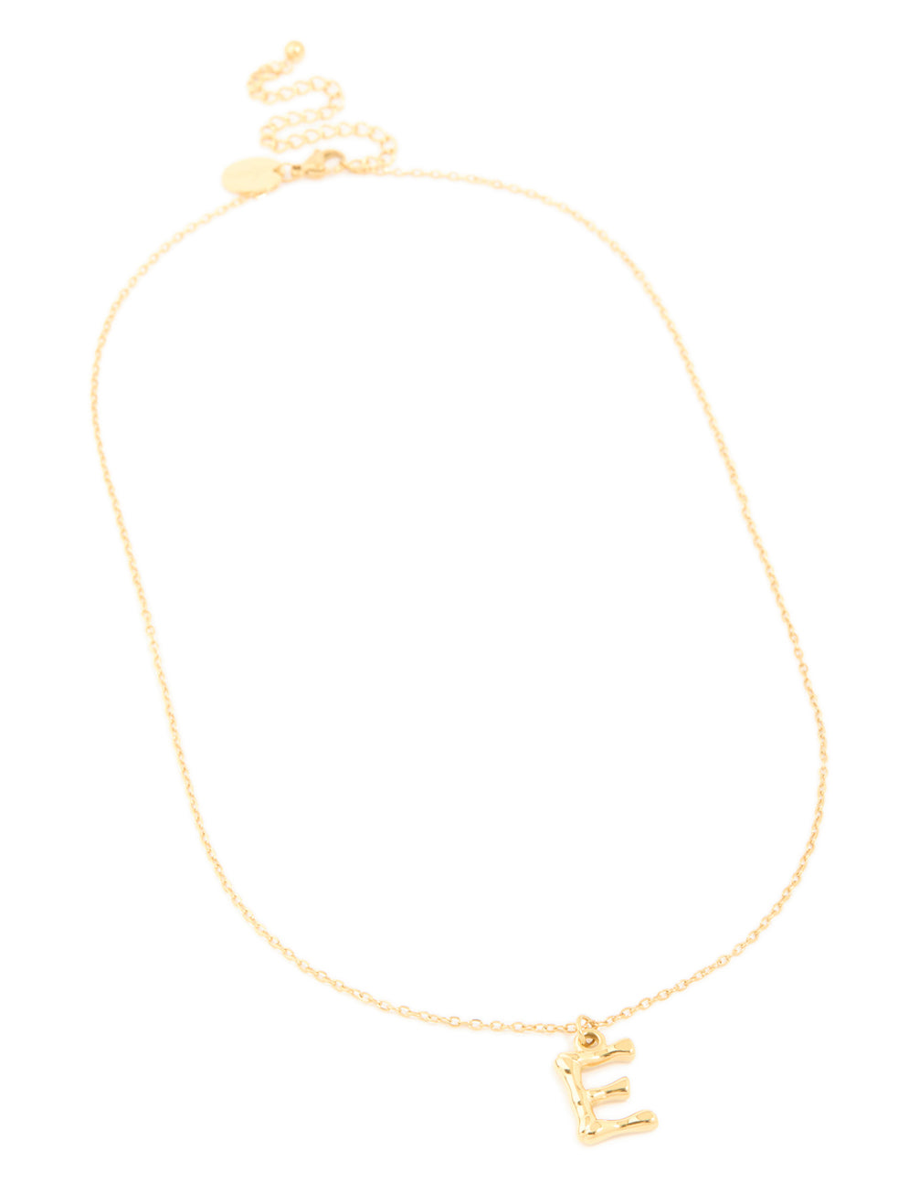 Crafted from waterproof stainless steel with bamboo letter E initial detail, this gold plated dainty necklace is presented in a front view