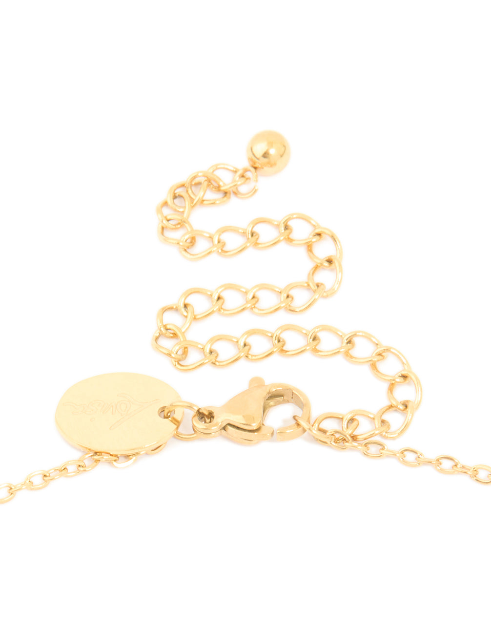 Designed with waterproof stainless steel featuring bamboo letter E initial detail, this gold plated dainty necklace shows the clasp detail view