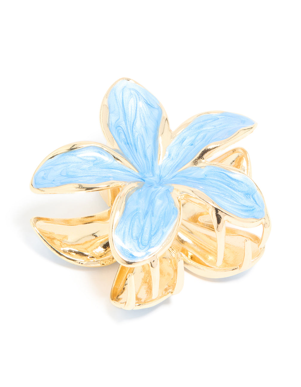 Beautifully crafted light blue enamel frangipani flower claw clip in gold front view