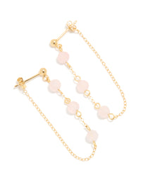 Gold Plated Sterling Silver Pink Rose Quartz Semi Precious Stone Long Drop Earrings - link has visual effect only