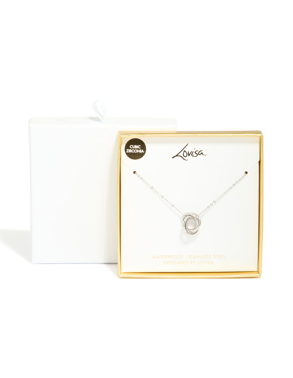 Designed with waterproof stainless steel and cubic zirconia, this triple circle link necklace in silver clasp detail view