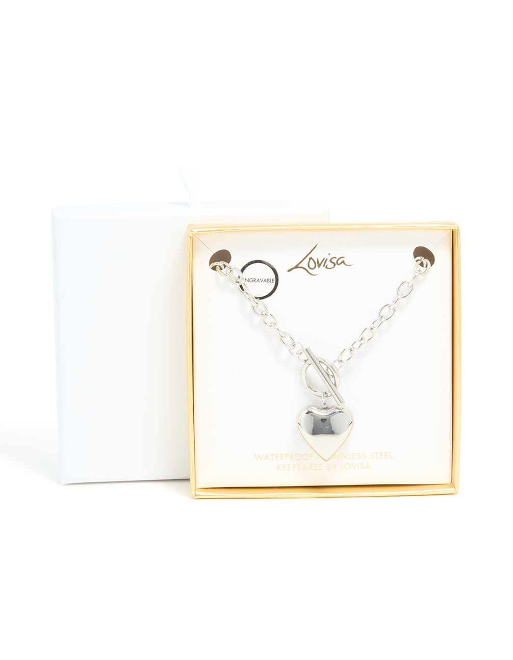 Showcasing waterproof stainless steel chunky heart T & O necklace in silver presented inside gift box clasp detail view