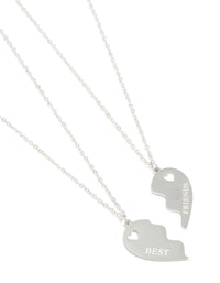 Discover waterproof stainless steel best friends heart necklaces featuring script details in silver, 2-pack close up view - link has visual effect only