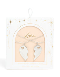 Discover waterproof stainless steel best friends heart necklaces featuring script details in silver, 2-pack close up view - link has visual effect only
