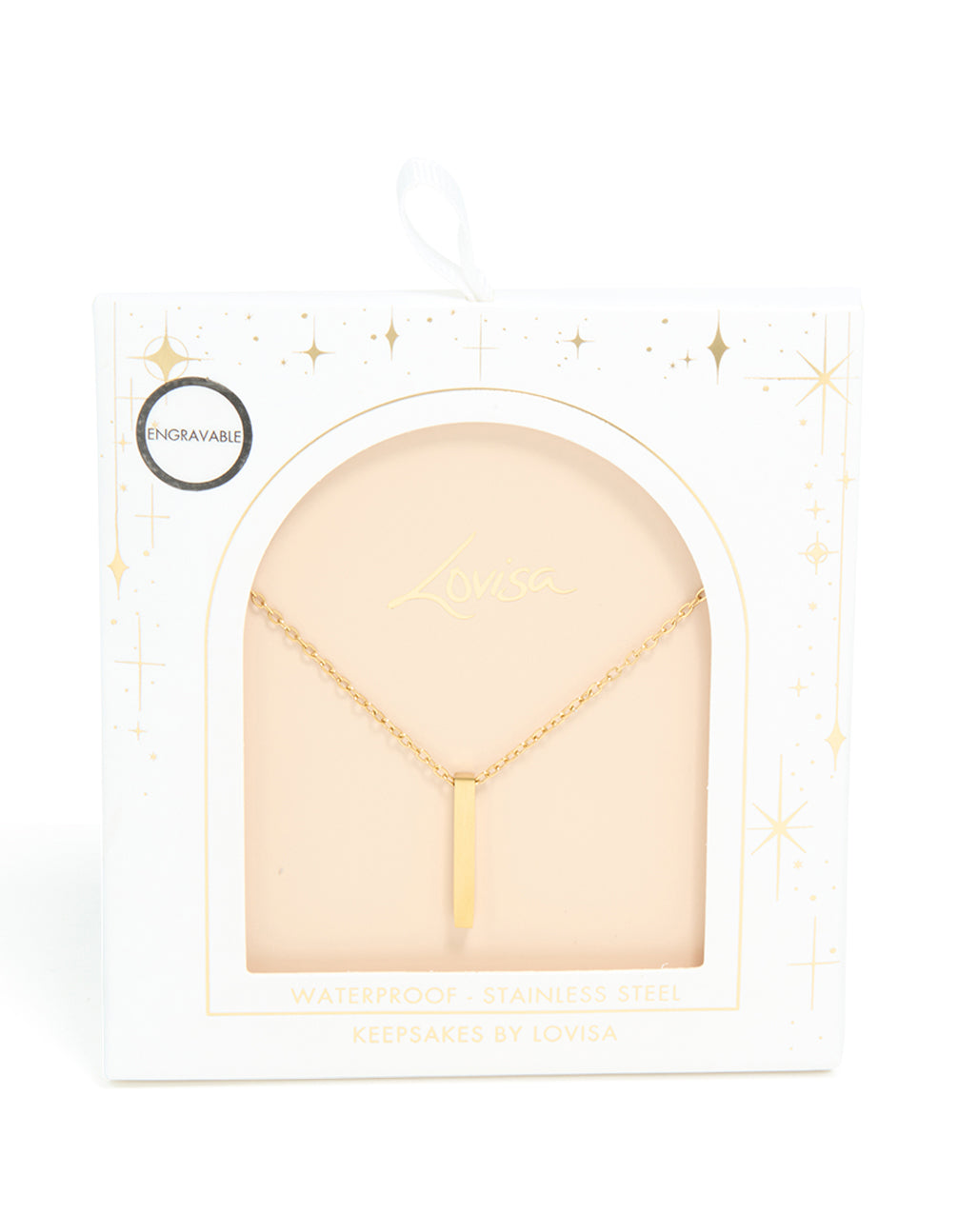 Featuring a waterproof bar pendant necklace in stainless steel with engravable pillar design and gold plated finish close up view
