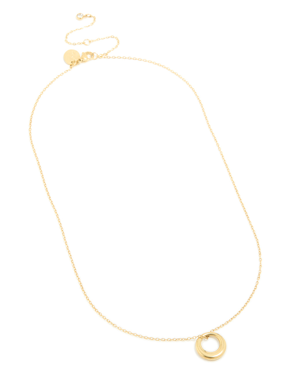 Crafted from waterproof gold plated stainless steel with disc pendant front view