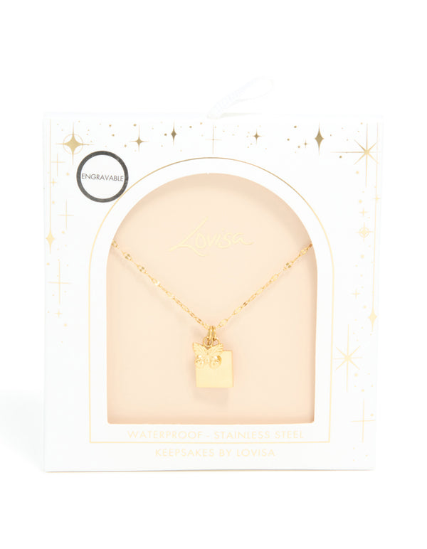 Waterproof Gold Plated Stainless Steel Square & Butterfly Pendant Necklace