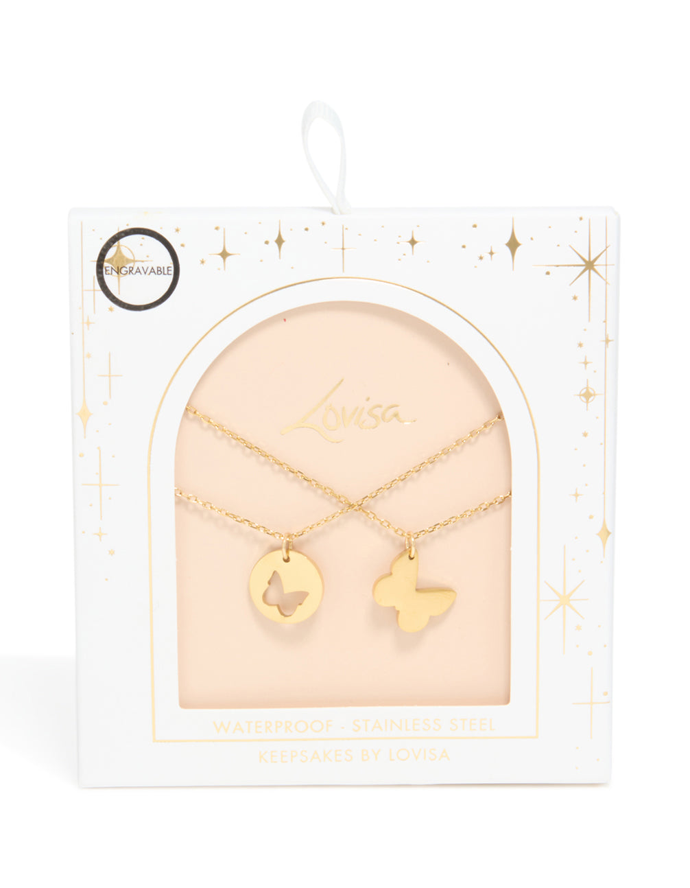 Showcasing a waterproof gold plated stainless steel BFF butterfly layered necklace with disc feature close up view