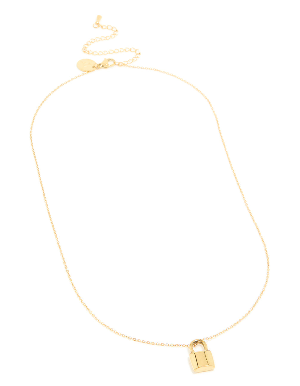 Crafted from waterproof gold plated stainless steel featuring lock pendant charm and statement design necklace front view