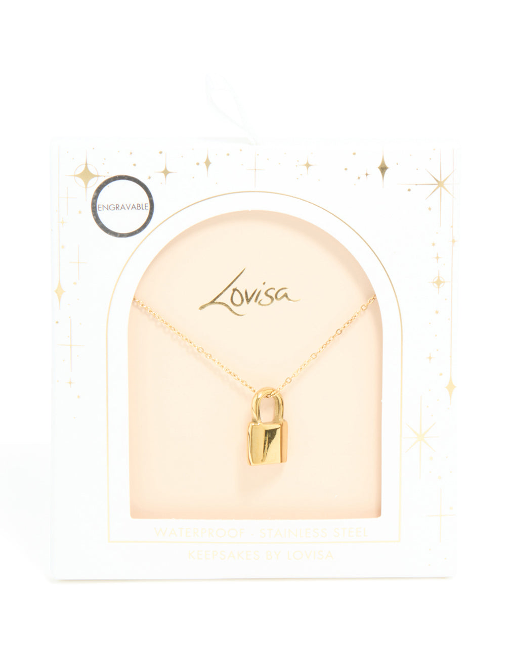 Featuring a waterproof gold plated stainless steel lock pendant necklace with charm and statement style in gold clasp detail view