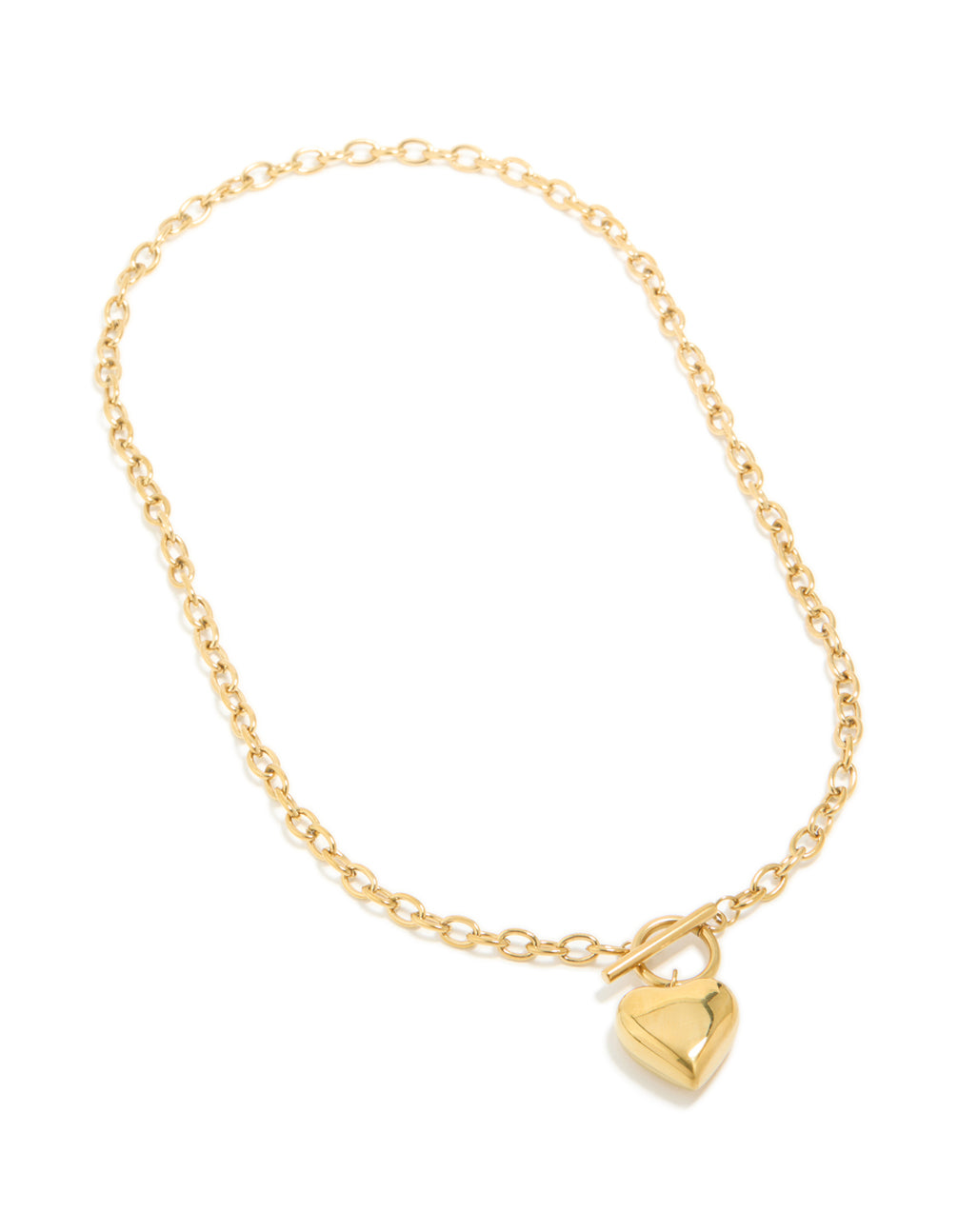Designed with waterproof gold plated stainless steel, this chunky heart pendant necklace features T&O toggle closure front view