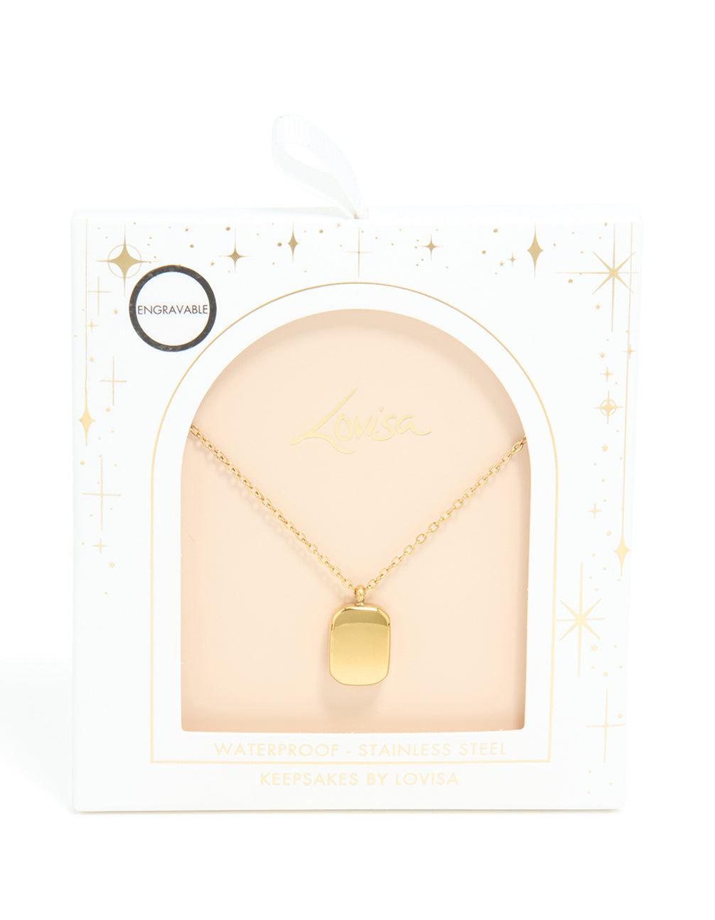 Featuring waterproof gold plated stainless steel round rectangle engravable necklace with pendant close up view