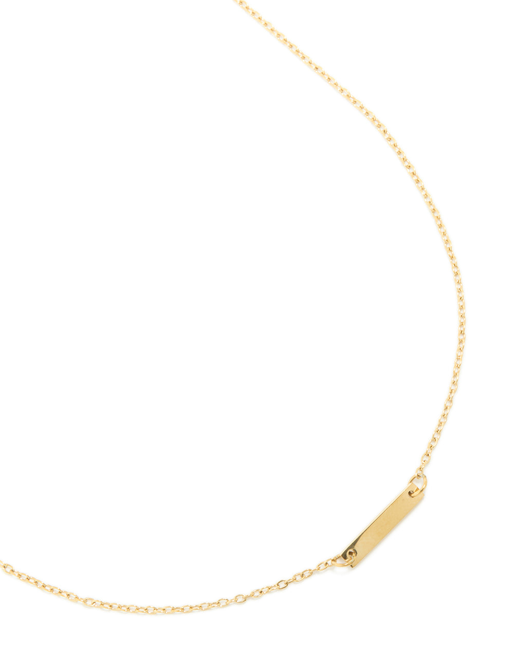 Displaying a waterproof mini engravable bar necklace in gold plated stainless steel with dainty style close up view