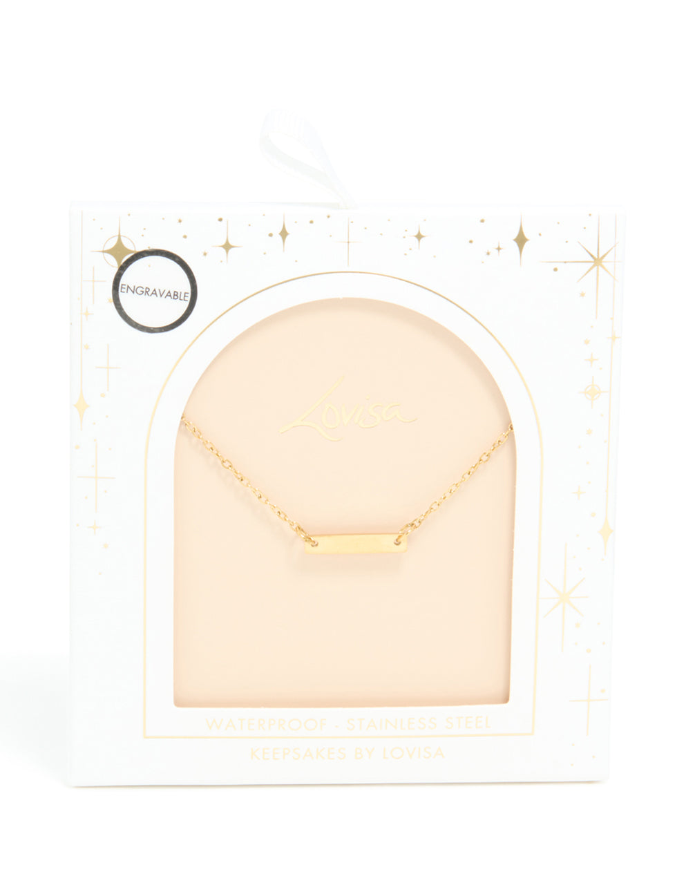 Highlighting a waterproof mini engravable bar necklace crafted from gold plated stainless steel with dainty design front view