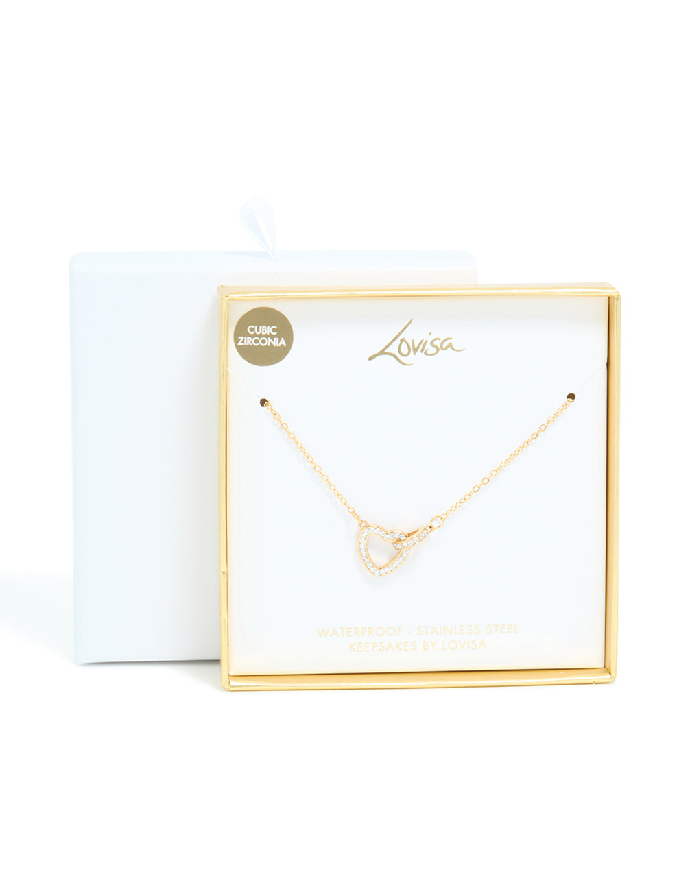 Featuring a waterproof gold plated stainless steel hollow heart necklace with cubic zirconia pendant close up view