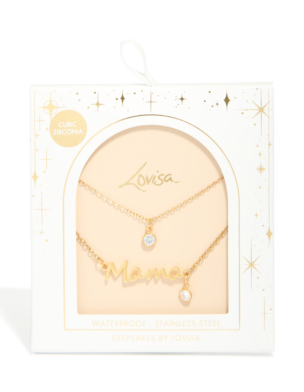 Featuring a waterproof layered necklace with script styling, stainless steel construction, gold plated finish, cubic zirconia stones, solitaire cut, and crystal details close up view