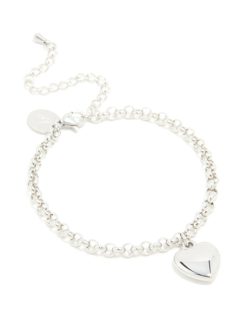 Featuring a waterproof stainless steel chunky heart bracelet in silver front view