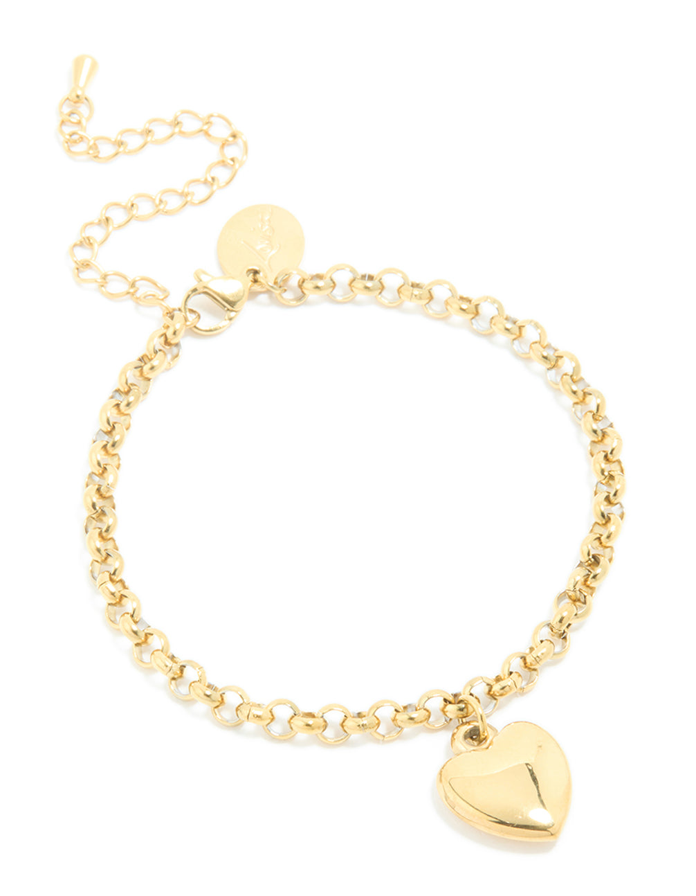 Crafted from waterproof gold plated stainless steel, this chunky heart bracelet in gold front view