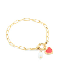 Waterproof Gold Plated Stainless Steel Red Enamel Heart & Pearl Charm Bracelet - link has visual effect only