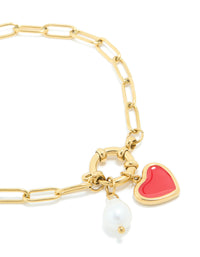 Waterproof Gold Plated Stainless Steel Red Enamel Heart & Pearl Charm Bracelet - link has visual effect only