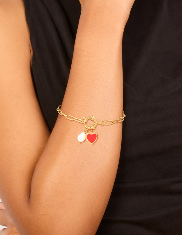 Waterproof Gold Plated Stainless Steel Red Enamel Heart & Pearl Charm Bracelet
