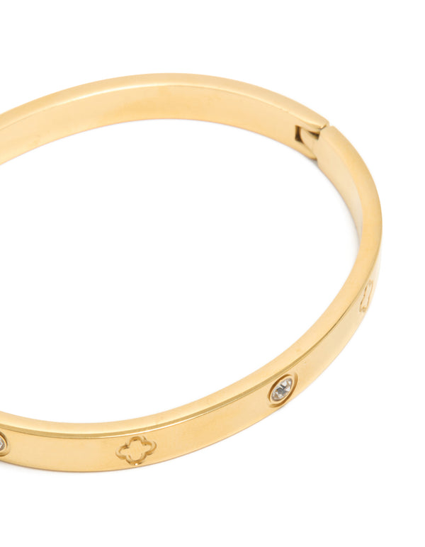 Waterproof Gold Plated Stainless Steel Cubic Zirconia Flower Bangle