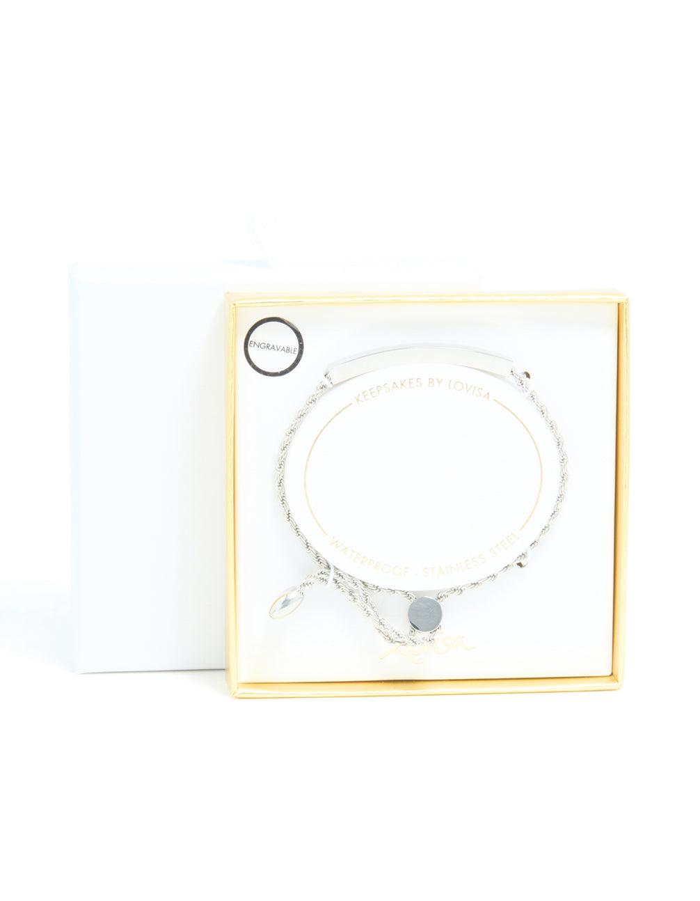 Featuring a waterproof stainless steel twisted engravable toggle bracelet with bar detailing in silver front view