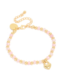 Waterproof Gold Plated Stainless Steel & Pink  Beaded Heart Charm Bracelet - link has visual effect only