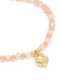 Waterproof Gold Plated Stainless Steel & Pink  Beaded Heart Charm Bracelet - link has visual effect only