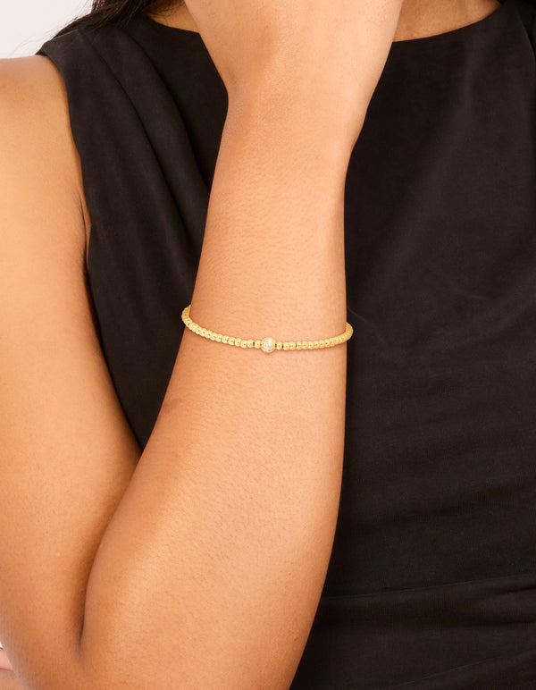 Waterproof Gold Plated Stainless Steel Cubic Zirconia Ball Tennis Stretch Bracelet