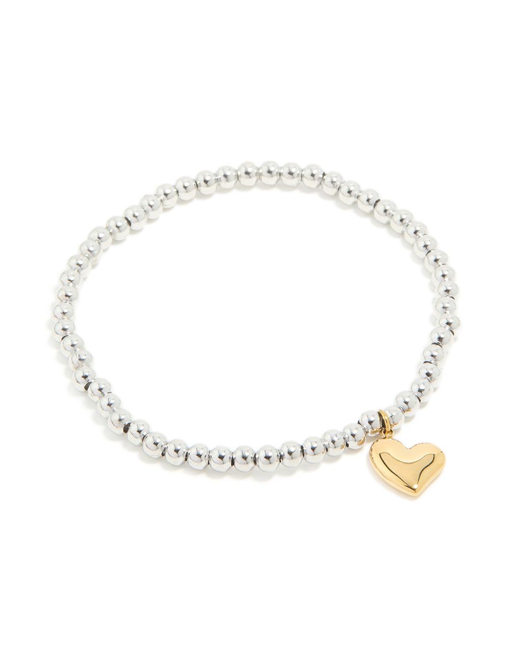 Featuring a waterproof stainless steel heart pendant stretch bracelet with beads gold plated details in silver front view