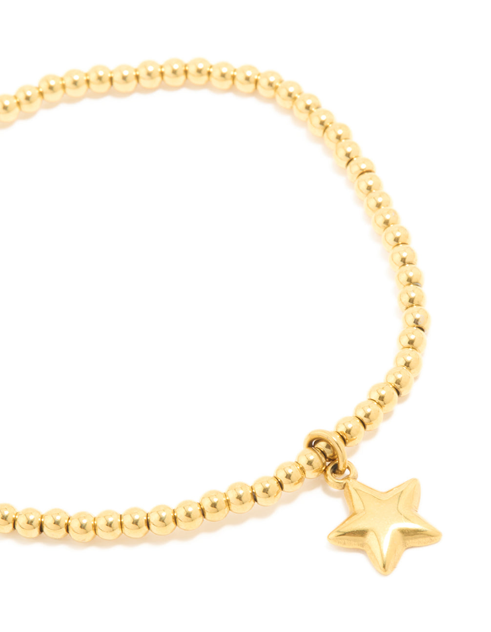 Highlighting a celestial beaded bracelet with star made from waterproof gold plated stainless steel close up view