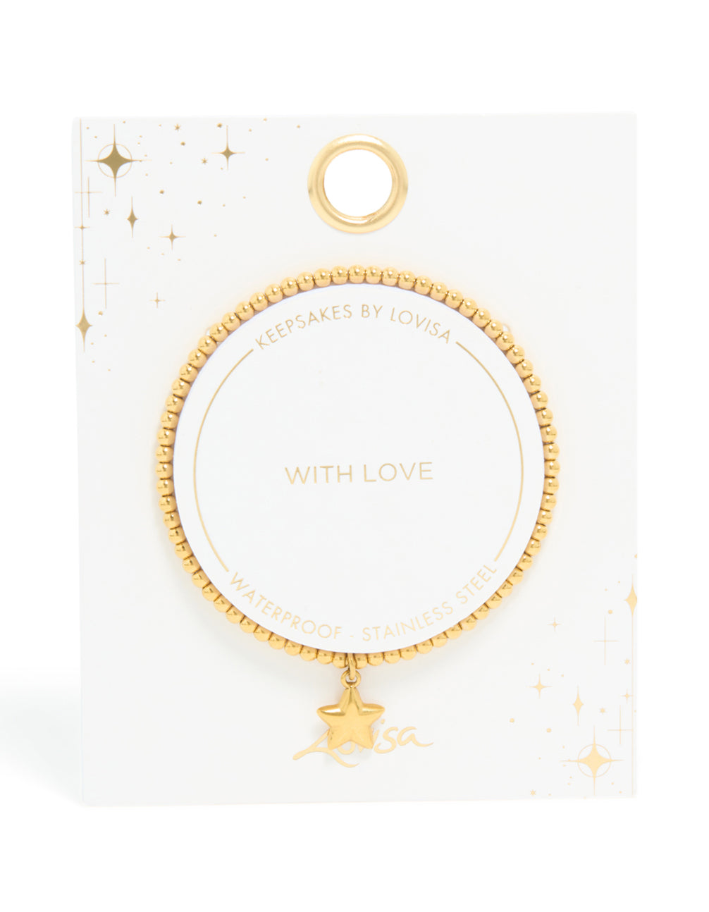 Featuring a celestial beaded bracelet with star crafted from waterproof gold plated stainless steel front view