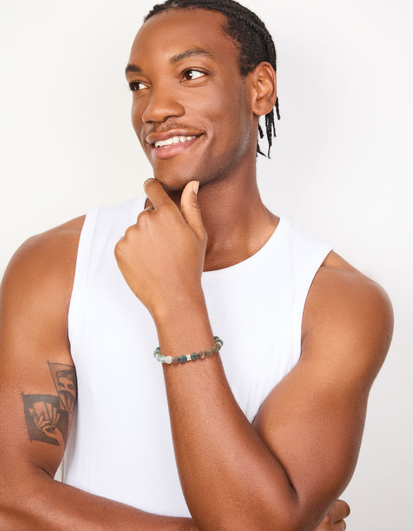 Mens Waterproof Stainless Steel Semi Precious Beaded Bracelet