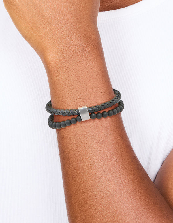 Mens Waterproof Stainless Steel Braided & Beaded Bracelet