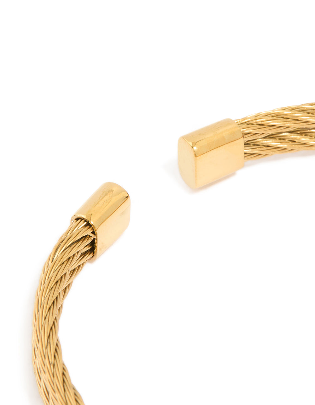 Highlighting mens waterproof twin wire twist wrist cuff crafted from gold plated stainless steel with bar feature closure detail view