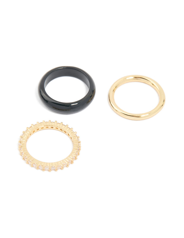 Black Acrylic & Cubic Zirconia Rings 3-Pack