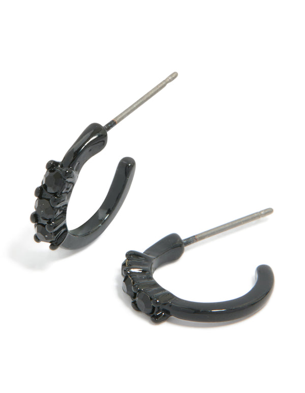 Black Coated Metal Triple Diamante Huggie Earrings