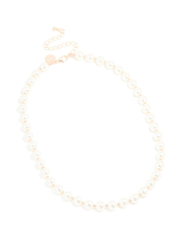 Rose Gold Plated Pearl & Ball Alternating Necklace