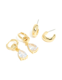 Gold Plated Diamante Pear Drop Huggie & Open Hoop Earrings 2 Pack - link has visual effect only