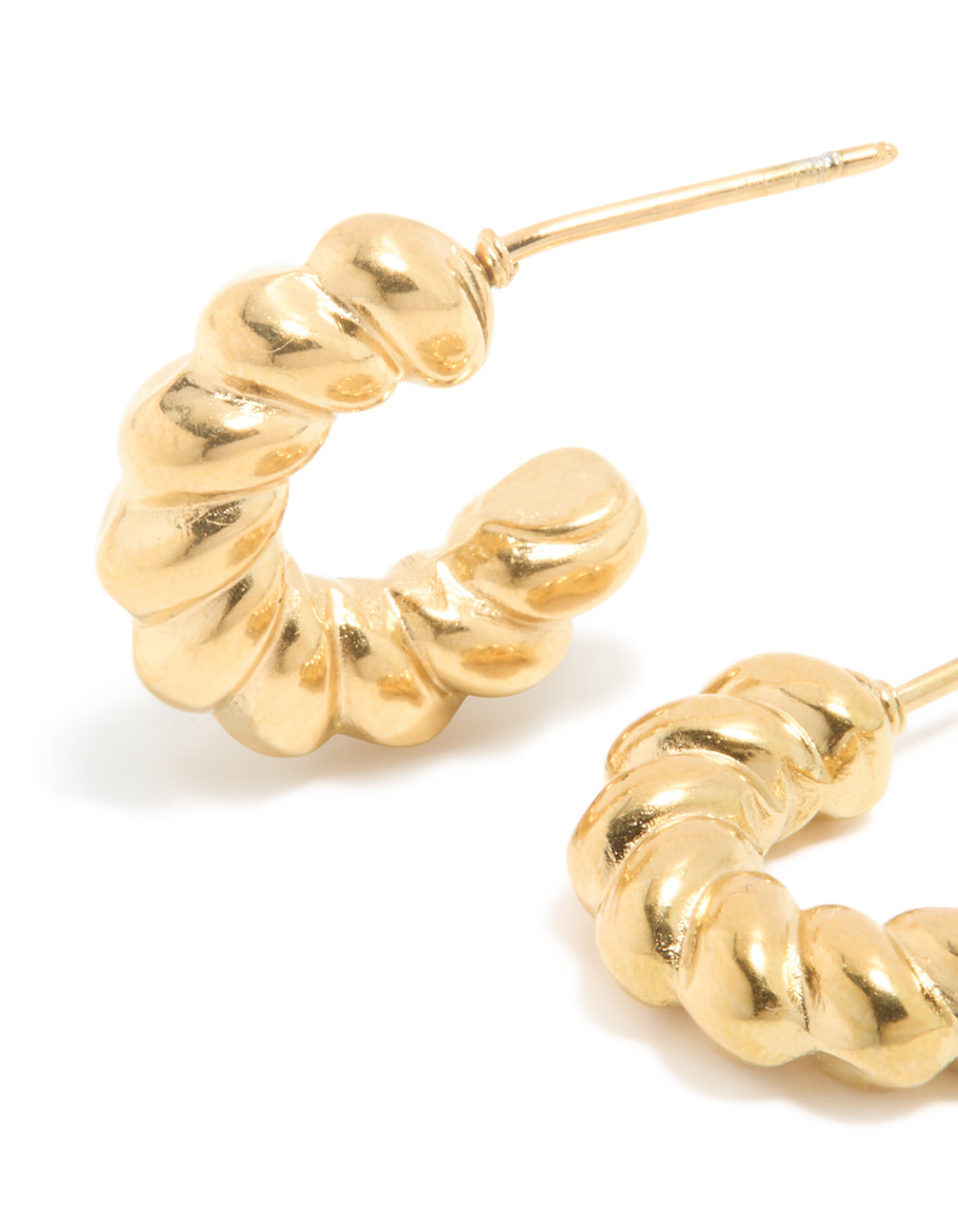 Designed with waterproof gold plated stainless steel, mini twisted open hoop earrings close up view