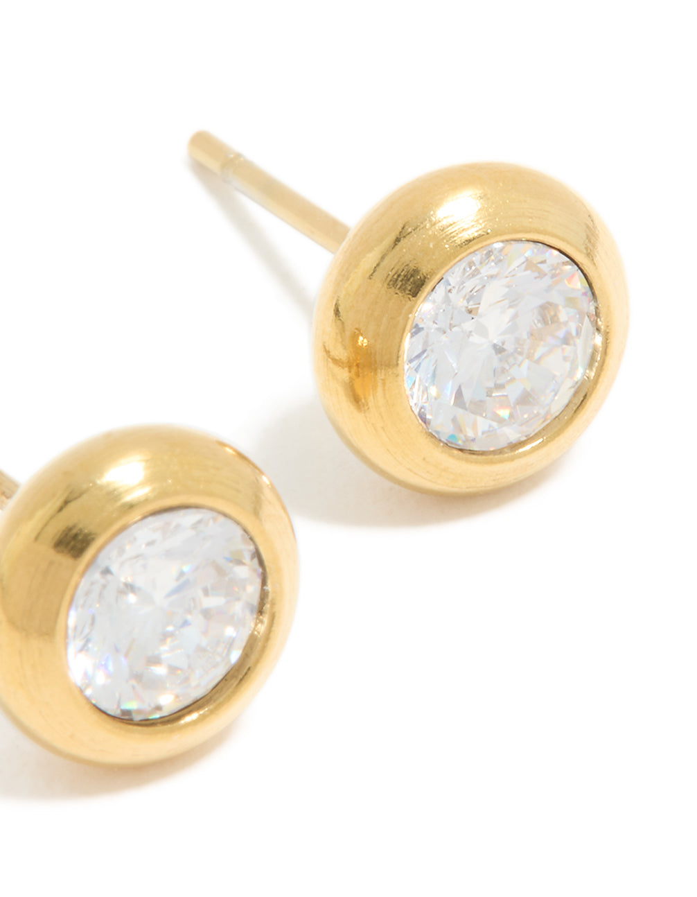 Highlighting waterproof gold plated stainless steel cubic zirconia bezel stud earrings with round stone cut and post closure detail view