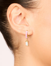Waterproof Gold Plated Stainless Steel Pink Enamel Cubic Zirconia Charm Huggie Earrings - link has visual effect only
