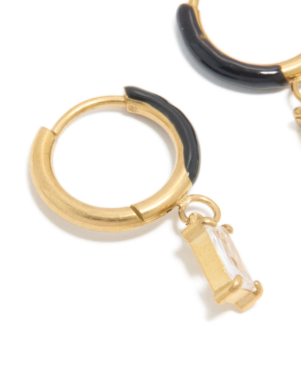 Waterproof Gold Plated Stainless Steel Black Enamel Cubic Zirconia Charm Huggie Earrings
